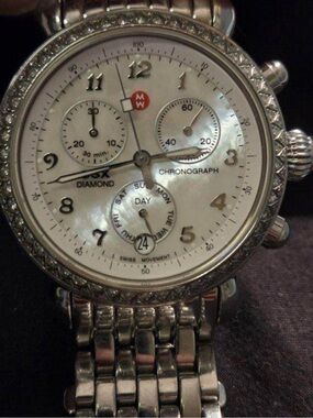 Michele Silver Diamond-Accented Chronograph Watch